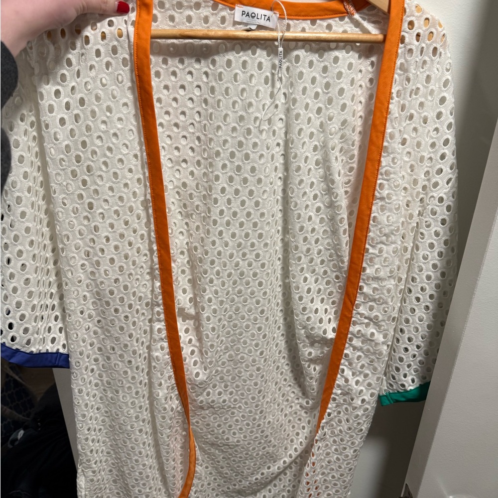 NWT Paolita White Eyelet Kimono with Orange Trim
